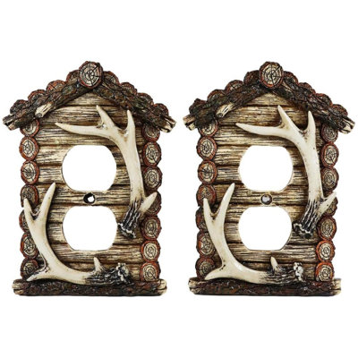 Ebros Set Of 2 Novelty Rustic Log Cottage Cabin Lodge Home With Deer Antlers Wall Electrical Switch Cover Plate Hand Painted Antler Resin Home Decor Accessory (Double Receptacle Outlet)