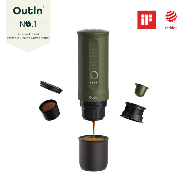 OutIn Nano Portable Electric Espresso Machine, Travel Coffee Maker for Camping, Car Coffee Maker Self-Heating with USB-C, With Ground Coffee & NS Capsule for RV, Hiking, Office