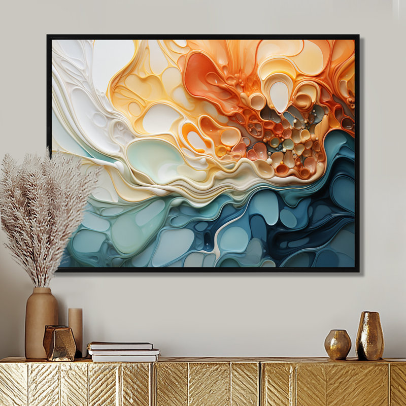 Encre bleue et orange, encre liquide, art mural abstrait à l'encre liquide, Cadre flottant noir, H 12 po x l 20 po x P 1 po