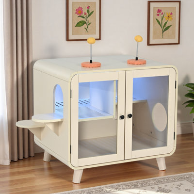 Litière pour chat avec lumière DEL, escaliers latéraux, jouets pour chat, porte pour fuites de litière et portes en verre