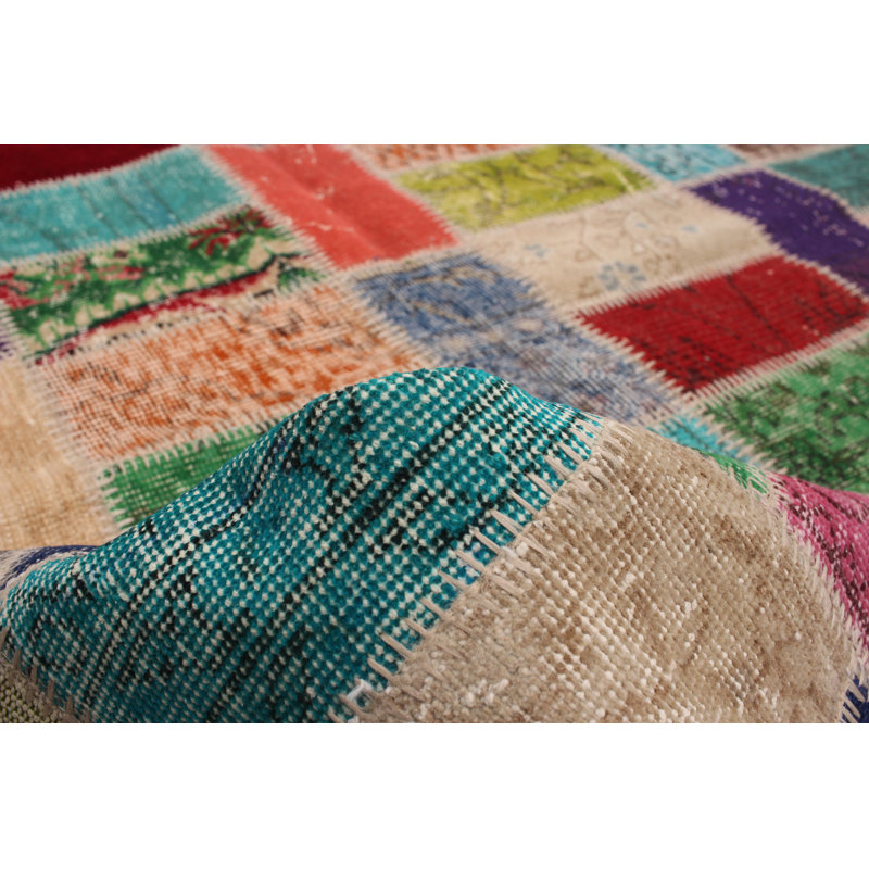 Tapis décoratif turquoise/rouge/beige en laine noué à la main de conception unique 5 pi 6 po x 8 pi 1 po Beppino