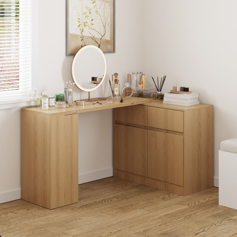 L-Shaped Makeup Table With Strong Storage And Foldable Tabletop