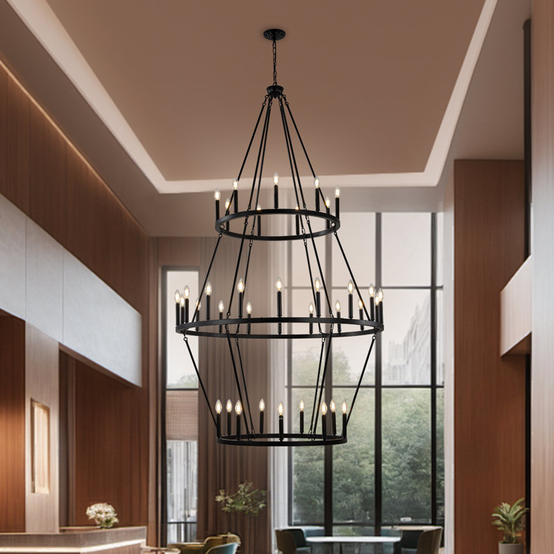 3 Tier Wheel-Shaped chandelier with E12 Base Bulb and 36 Lights, Matte Black