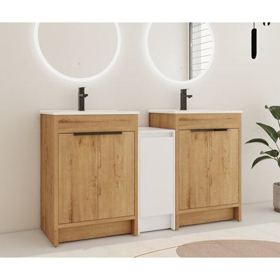 Meuble-lavabo double 60 po avec 5 portes et lavabo en céramique Diandrea et armoire de rangement autoportante blanche