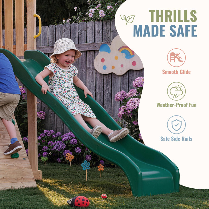 Portique en bois avec glissade ondulée, mur d'escalade, 2 balançoires à sangles et tour d'observation, aire de jeux pour enfants dans le jardin.
