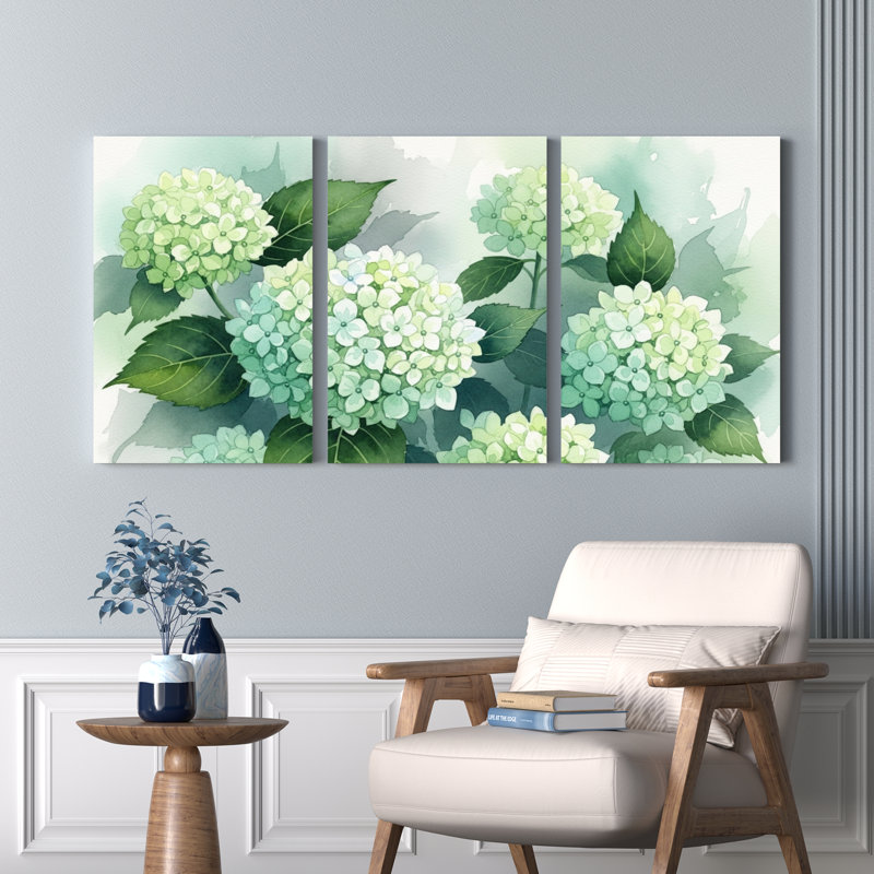 Tableau aquarelle floral d'hortensia sur toile tendue (lot de 3), H 18 po x l 36 po