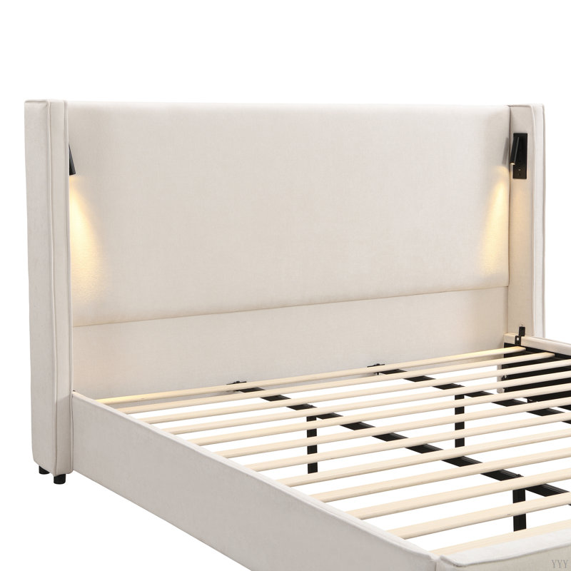  Base de lit rembourrée avec tête de lit haute à oreilles, lampe de lecture et port USB, Très grand lit