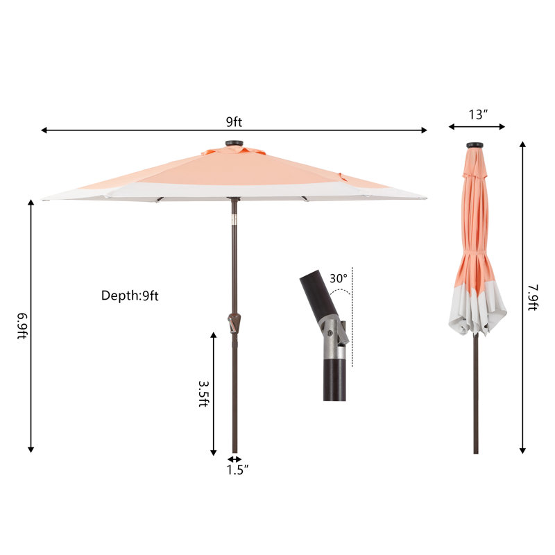 Spencer 9 ft. Coral Pink and White Solar LED Market Patio Umbrella with Aluminum Frame
