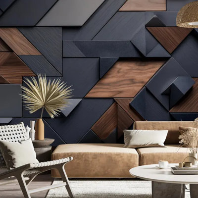 Modern Dark Wood 3D Geometric Panel Wall Mural Design
