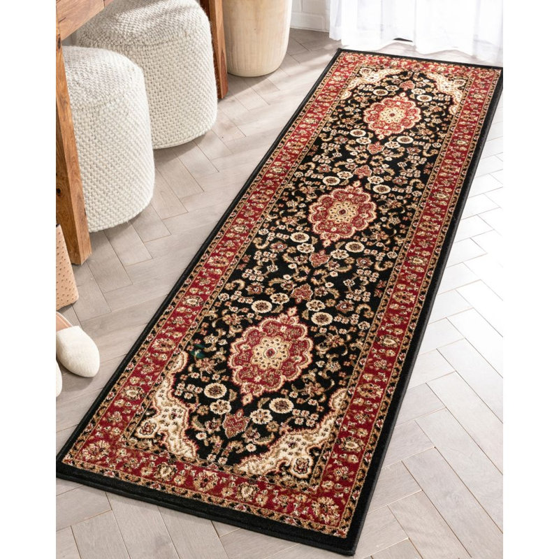 Tapis traditionnel noir Belliere Medallion Kashan, Tapis de couloir 2 pi 3 po x 7 pi 3 po