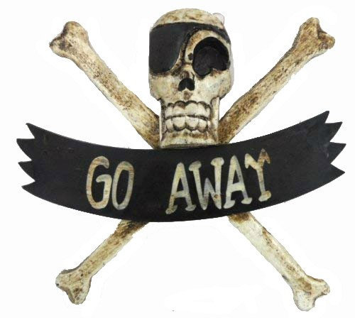 Hand Carved Wood Pirate Skull Cross Bone with Wrenches Go Away Sign World Bazzar