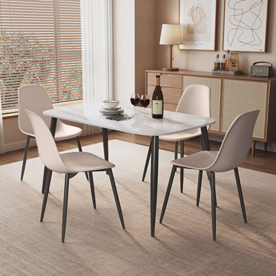 Aspen Gloss White Sintered Stone Rectangular Table and 4 Curve Plastic Chairs - Modern Dining Set