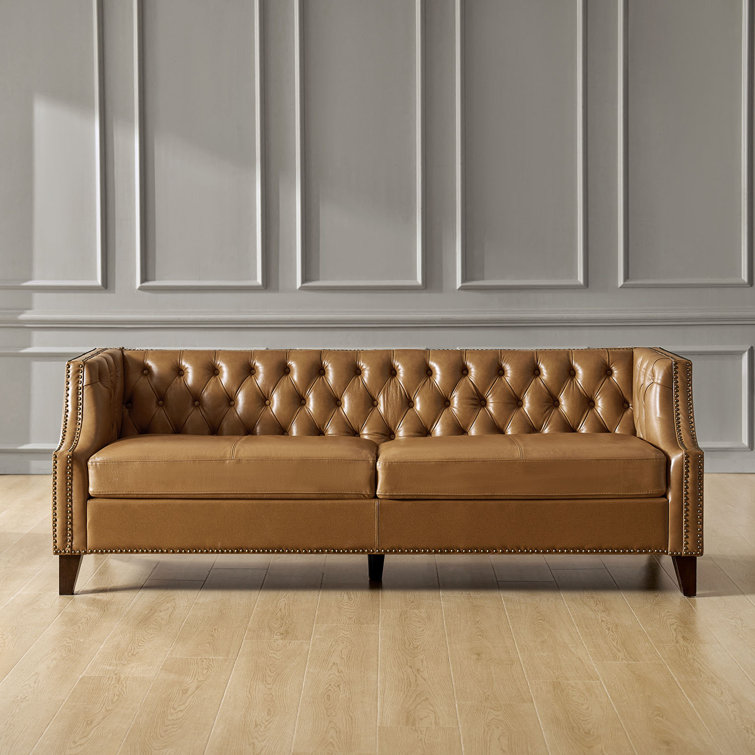 Theotis 84"W Chesterfield Button-Tufting Genuine Leather Sofa with Solid Wood Legs