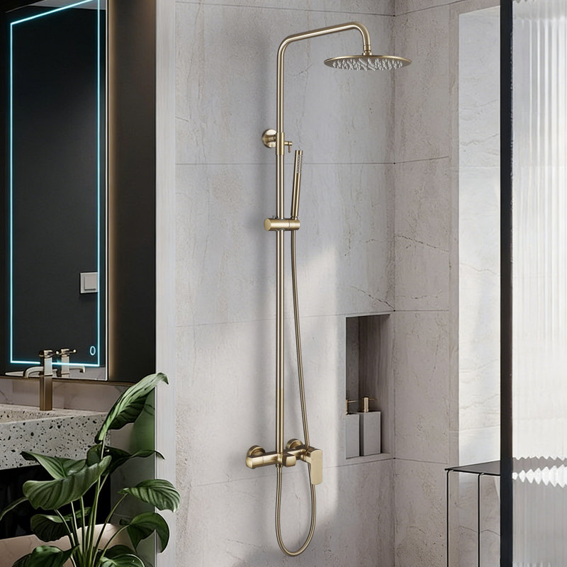 Solid Brass Wall Mounted Complete Shower System With Handheld Shower And Tub Spout, Brushed Gold