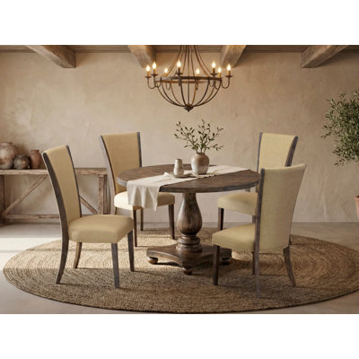 5 Piece Kitchen Table & Chairs Set Includes a Round Dining Room Table with Pedestal and 4 Brown Linen Fabric Parsons Dining Chairs, Distressed Jacobean