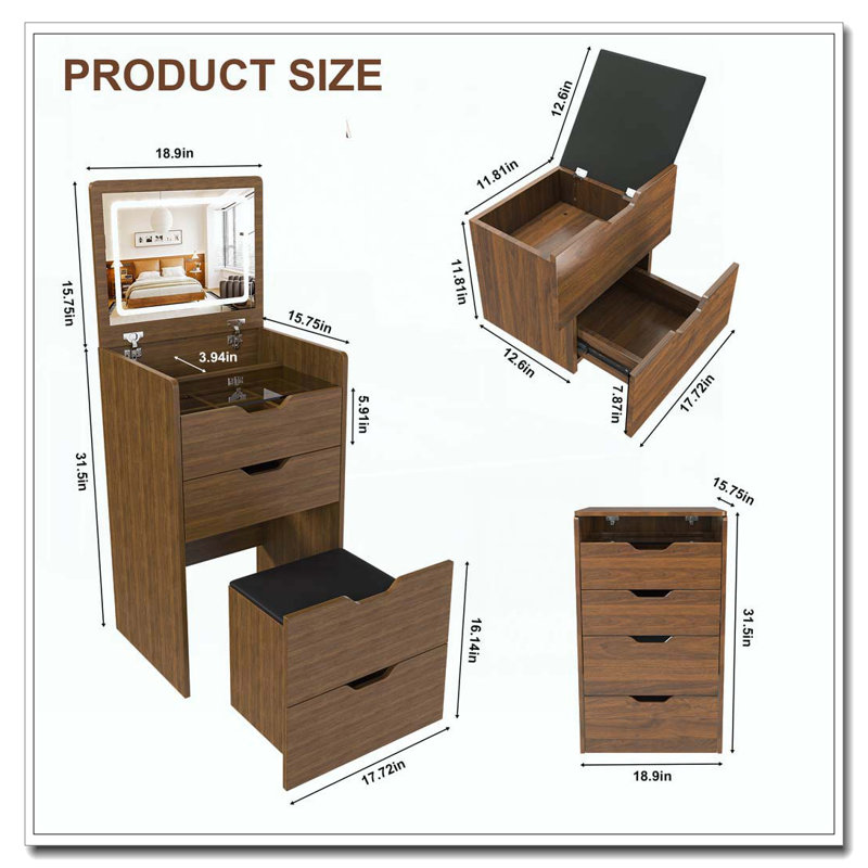 3-in-1 Vanity Desk with Lighted Mirror and Stool, Walnut-18.9"L