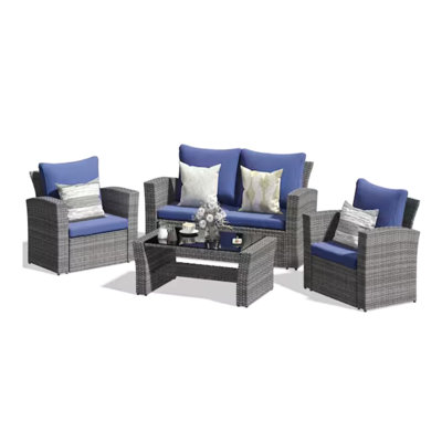 Ensemble de patio 4 pièces avec coussins bleus, toile tissée à la main et table en verre trempé facile à nettoyer pour les petites familles