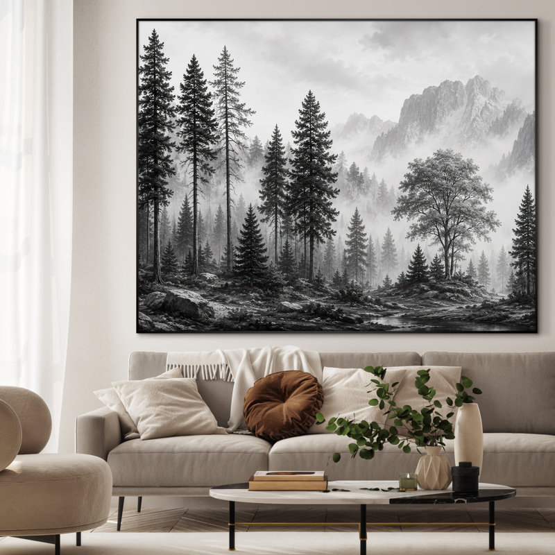 Très grand art mural imprimé sur bois - Forêt de pin brumeux noir rustique - "Assemblage requis (cadre non fini)"