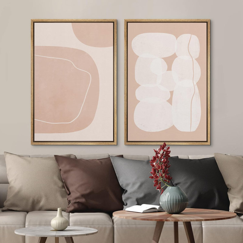 «Coral and White Mid-Century Polygons and Circles», 2 pièces sur toile, H 24 po x l 16 po, Naturel