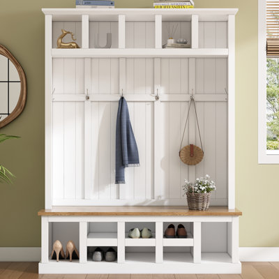 Arbre d'entrée moderne en bois de style campagnard H 78 po avec banc de rangement large, armoire à chaussures d'entrée avec 13 compartiments, portemanteau élégant avec 6 crochets pour le vestibule, salon