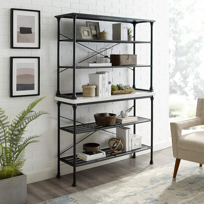 Baker's Rack With Shelves - Microwave Stand, Coffee Bar, Steel Frame With Faux Marble Top For Kitchen Storage And Display