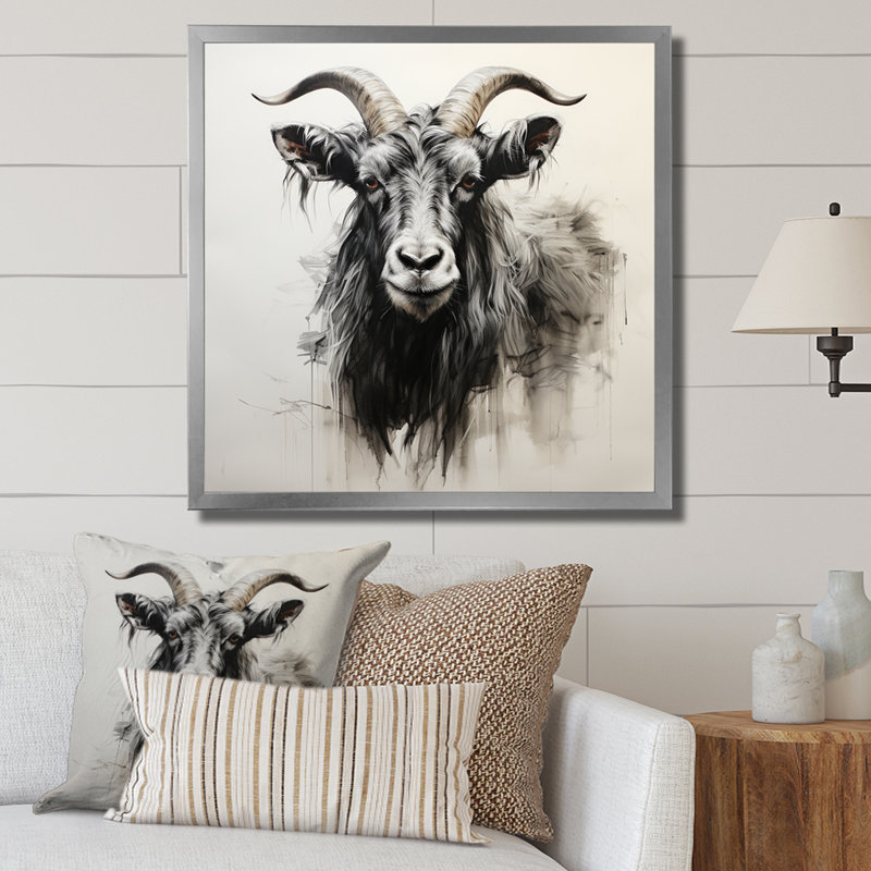 «I Black Charcoal Goat Portrait I», art mural animal de chèvre, Cadre simple argenté, H 16 po x l 16 po x P 1 po