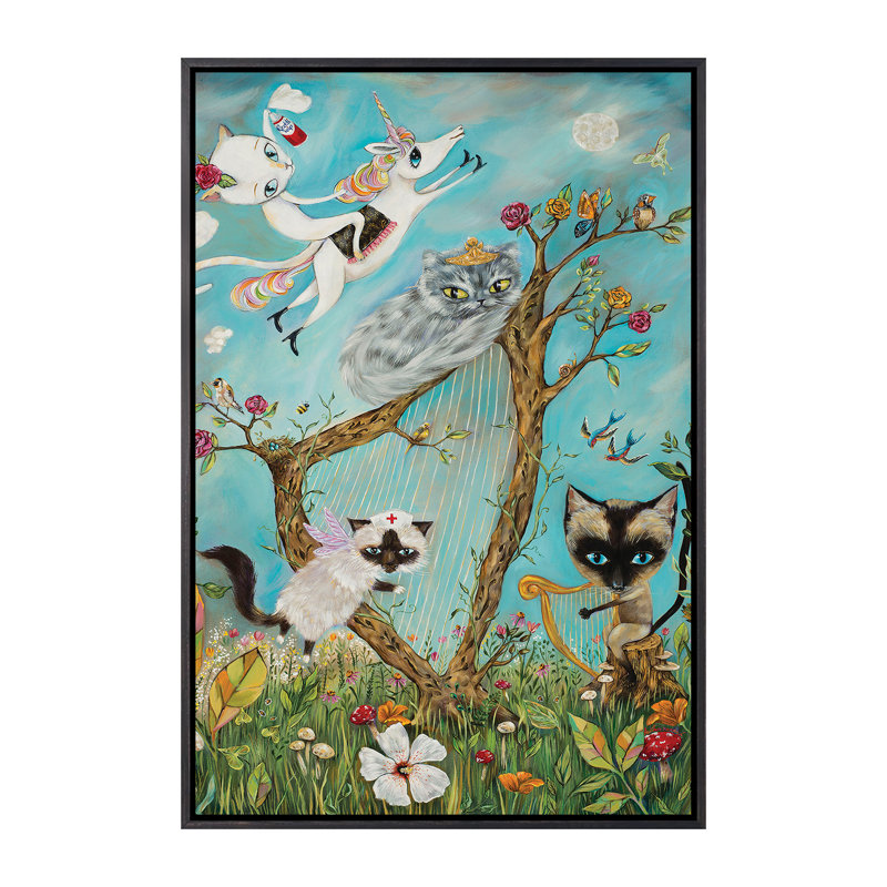 Feline Rhapsody par Heather Renaux - impression d'art graphique, H 60 po x l 40po x P 1,5 po, Toile avec cadre noir patiné