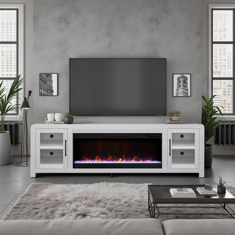 Meuble télé avec portes vitrées, H 26 po x L 82 po x l 17 po, Blanc