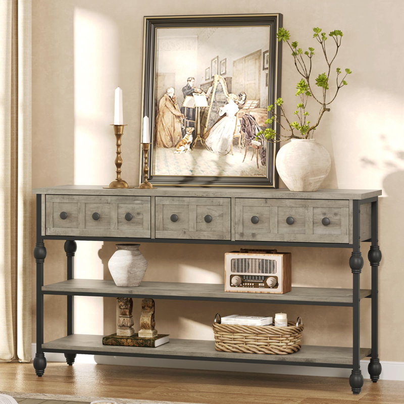 Table console 53 po, table d'entrée avec 3 tiroirs, table basse à 3 niveaux, Gris