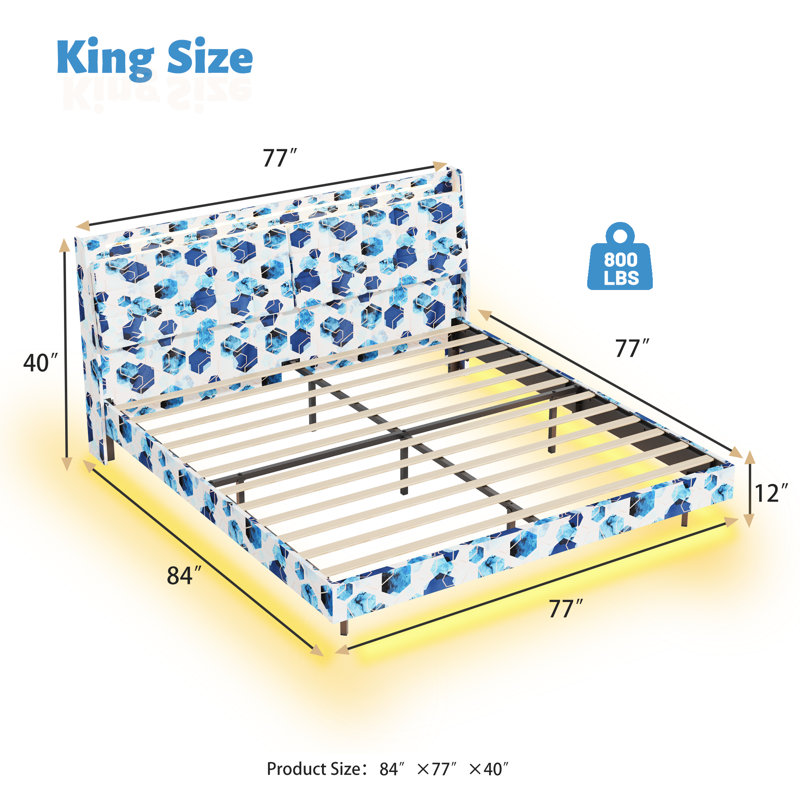 Floating Bed Frame with Storage Headboard, LED Bed Frame with Charging Station, Blue Geometric, King