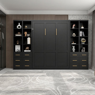 Multifunctional Space-Saving Murphy Bed with Integrated Wall Bed,Queen Size Metal Bed Frame with Four Cabinets For Living &Study Room