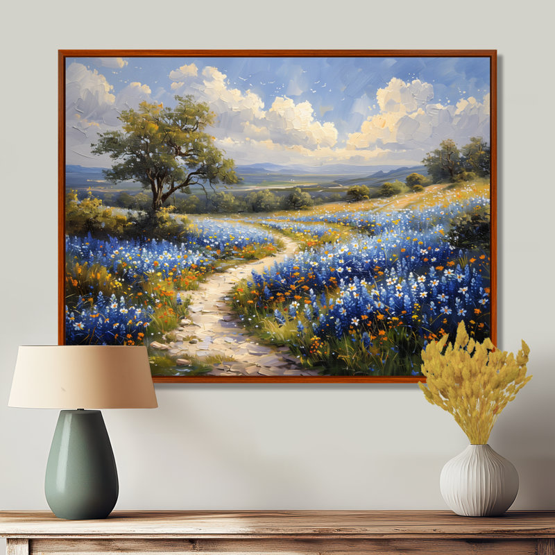 «Blue Green Summer Meadow Charm Blue Bonnets III - Blue Bonnets», reproduction d'art, Toile avec cadre flottant brun