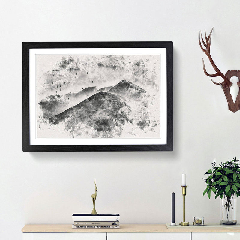 Birds Flying over the Lake District Watercolour - Picture Frame Graphic Art Print, Black Framed, 62cm H x 87cm W x 2cm D