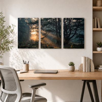«Golden Sunlight Through Misty Pine Forest», ensemble de 3 toiles d'art