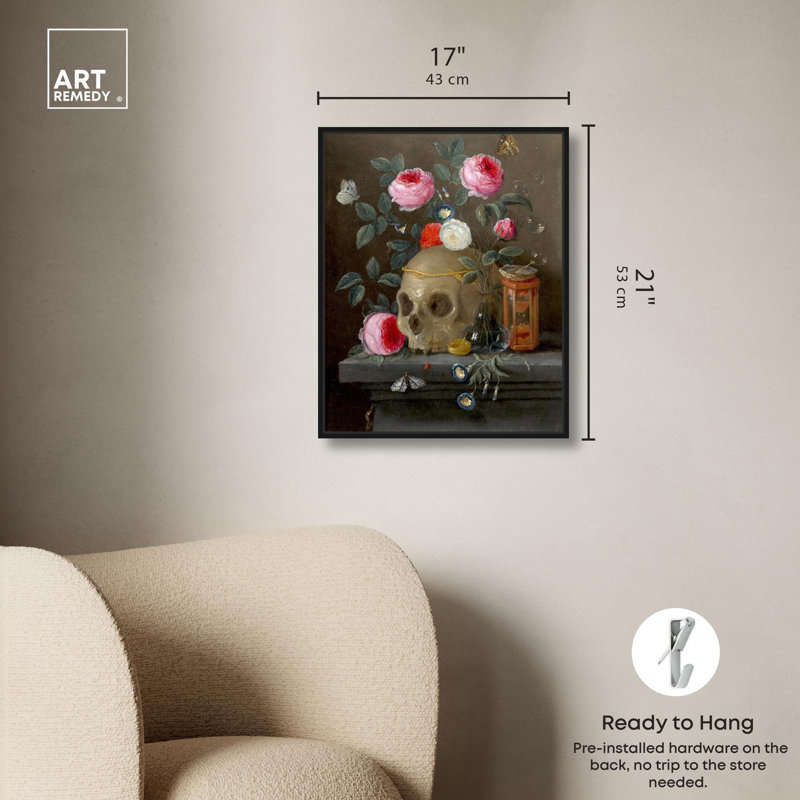 Art floral rétro sur toile Vanitas, Cadre noir, H 21 po x l 17 po