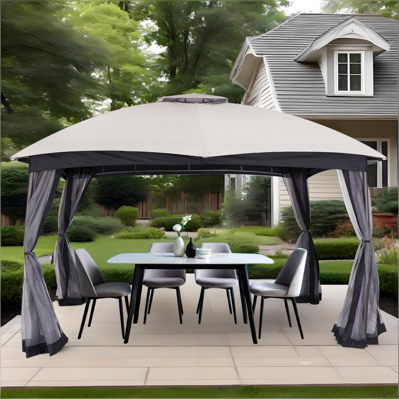 12 pi. L 10 pi. D Pavillon de jardin en métal avec filet, gris