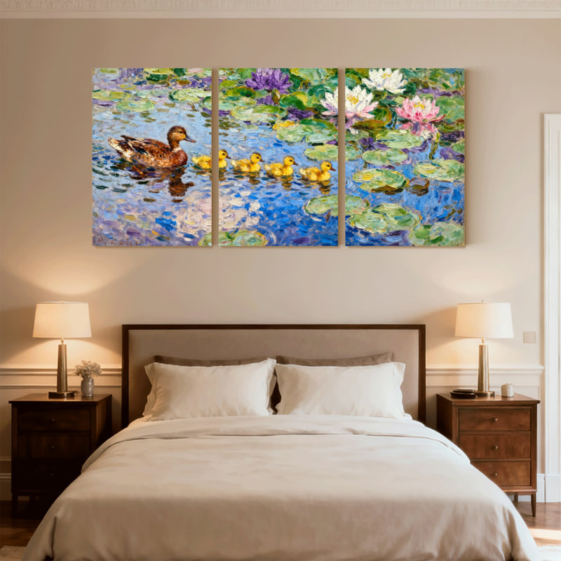 Birds Duck and Ducklings Water Lilies Pond, ensemble de 3 impressions sur toile, H 18 po x l 36 po