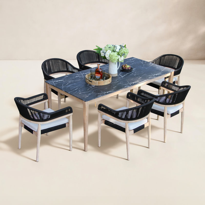 Posey 7 Pc. Marble Composite Dining Table With Wheat Wicker Chairs, Black