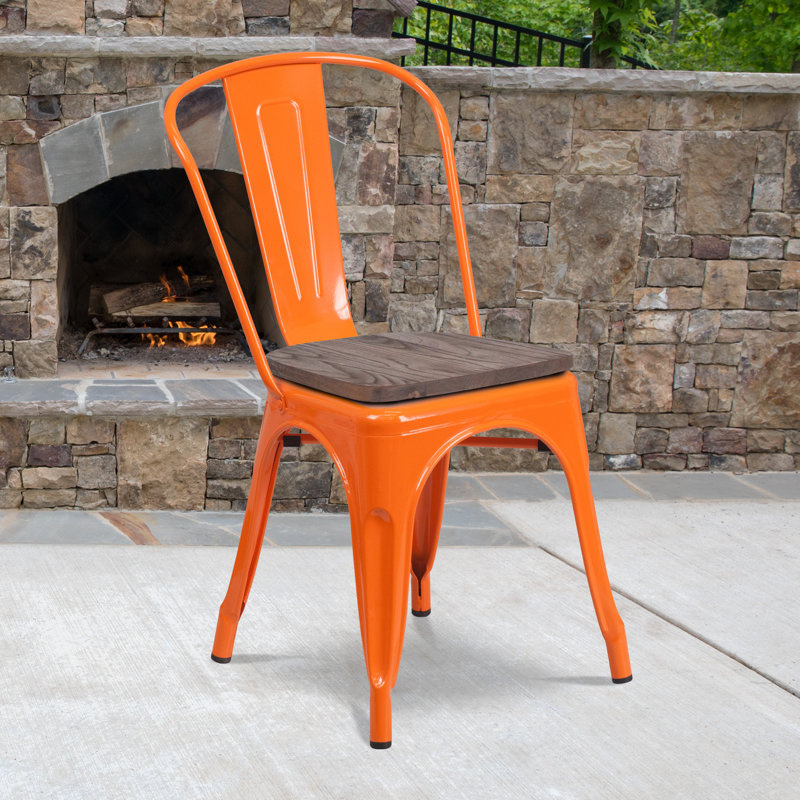 Ketchum Clear Coated Metal Stackable Chair with Wood Seat, Orange