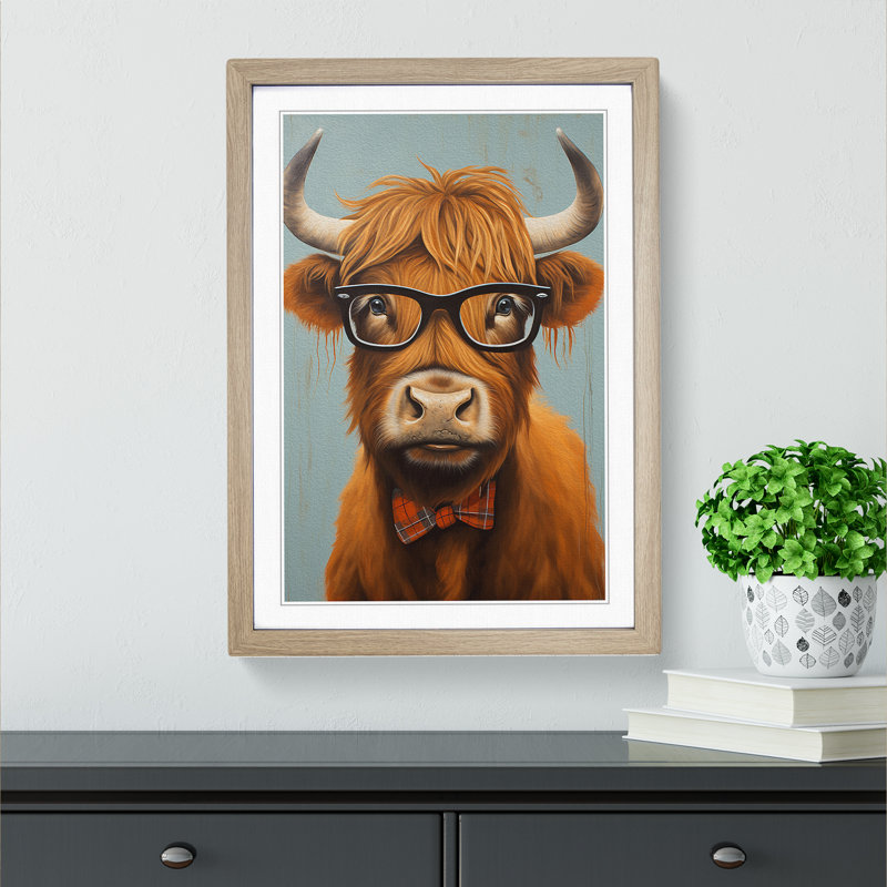 Highland Cow With Glasses Painting Framed Print, 46cm H x 34cm W x 2cm D, Oak Framed