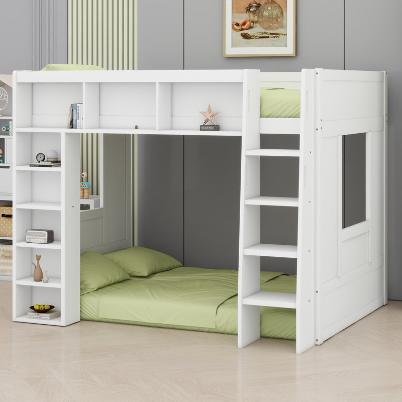 Lit mezzanine en bois avec tablettes de rangement, Blanc