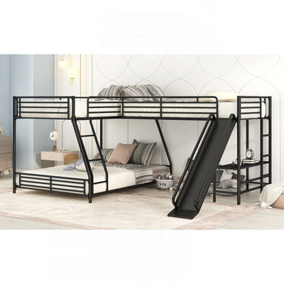 L-Shaped Twin Over Full Bunk Bed With Twin Size Loft Bed,Built-In Desk And Slide,Black