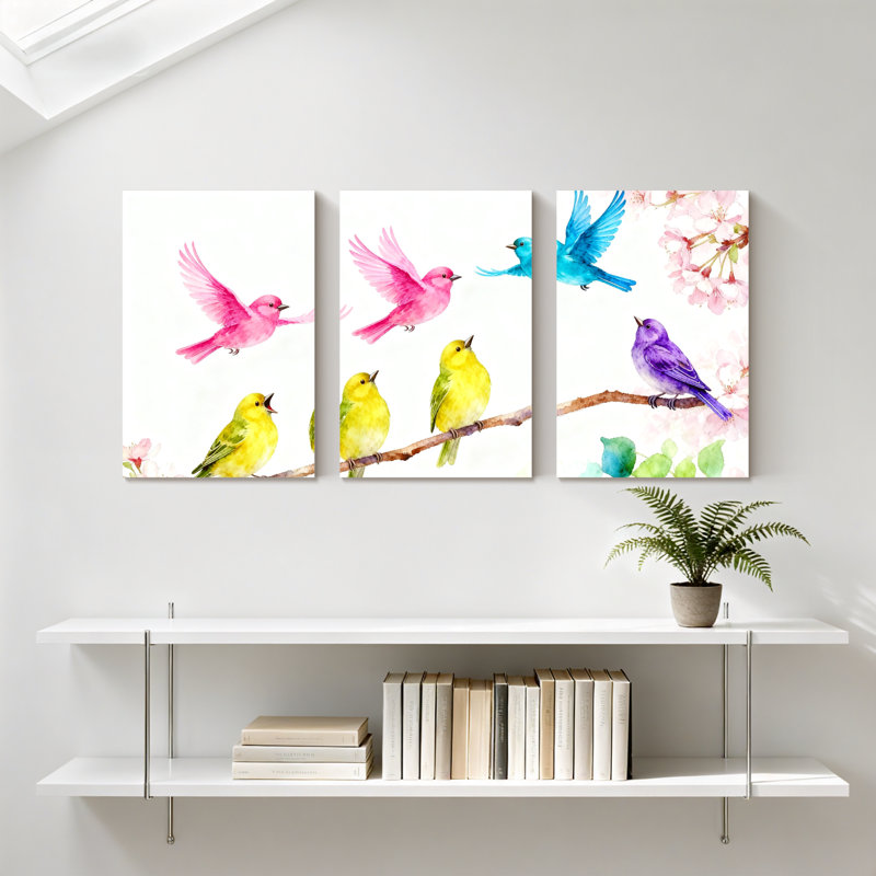 Oiseaux colorés sur une branche avec des fleurs, ensemble de 3 impressions sur toile, H 18 po x l 36 po