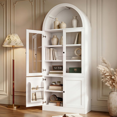 [Vidéo] Armoire de rangement haute arquée avec portes en verre trempé, tablettes à 5 niveaux, charnières à fermeture en douceur, organisateur de porte, présentoir autoportant et armoire de rangement pour salle de bain / salon / salle à manger / bureau, blanc