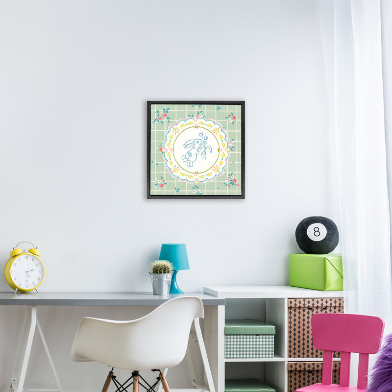 Lapin de printemps sur cadre flottant napperon, design par Angela Steahling, Cadre flottant noir de jais, H 18 po x l 18 po