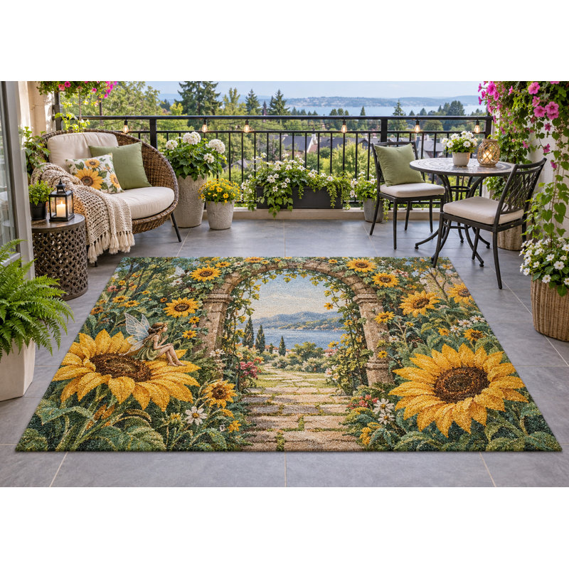 Tapis d'extérieur 152 x 213 cm (5' x 7') à motif tournesol féérique, épais, imperméable, en PVC bouclé, résistant et à séchage rapide, idéal pour terrasse, balcon, entrée, VR ou autre espace extérieur.