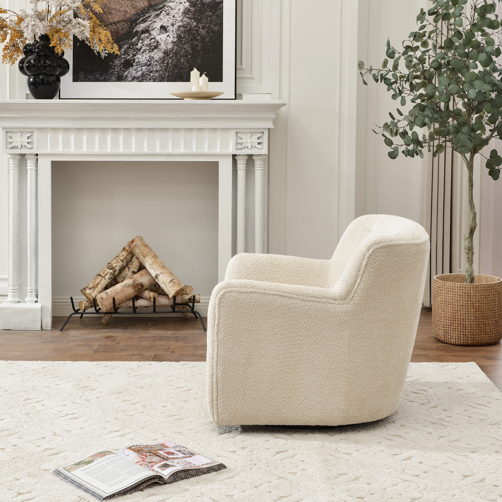 Fae Chenille Upholstered Swivel Armchair, Natural Textured Chenille