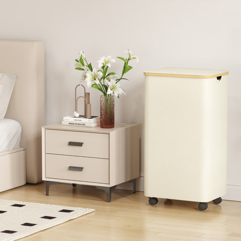 Slim Beige Polyester Collapsible Laundry Hamper with Wheels and Lid