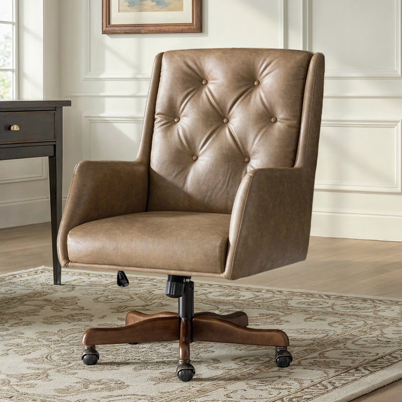 Kairos Transitional Leather Swivel Desk Chair with Adjustable Height and Button-Tufted Backrest, Taupe