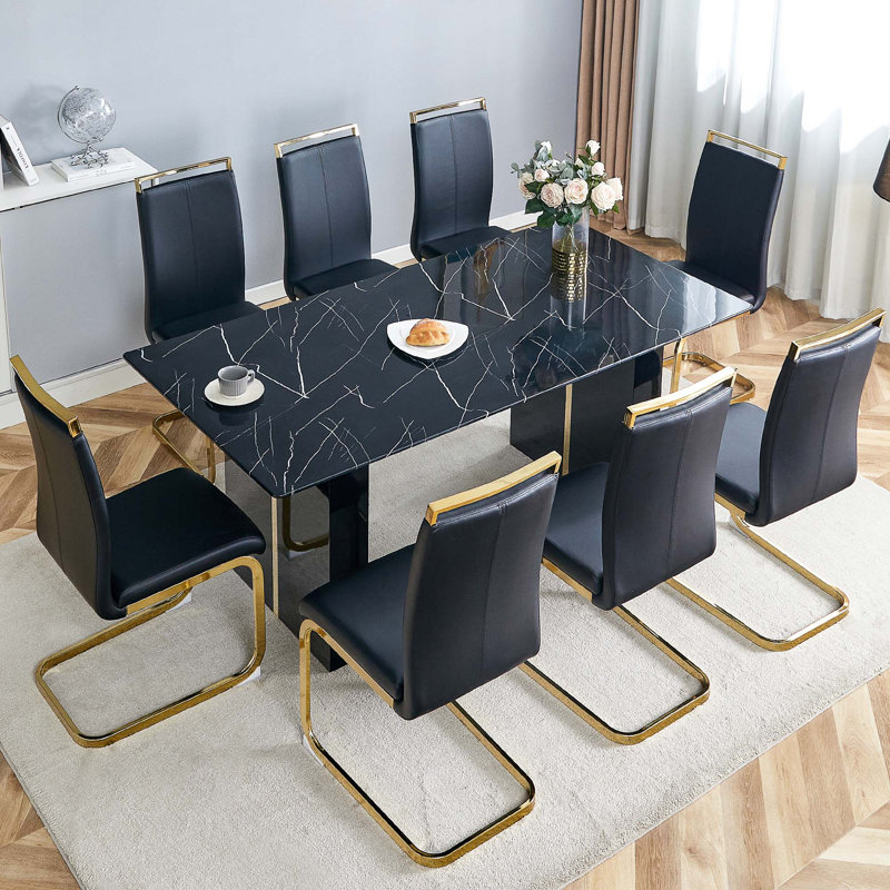 Ensemble de table et de chaises. Salle à manger luxueuse en verre trempé, 9